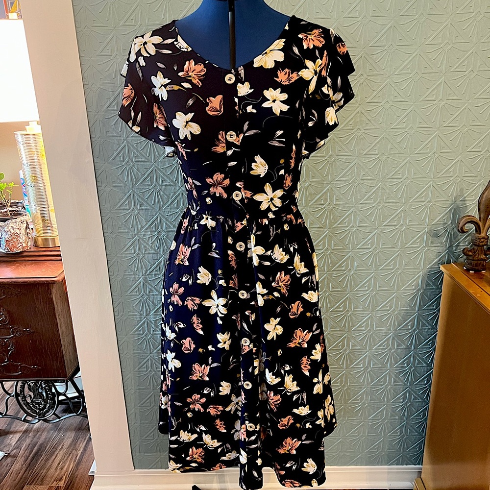 Navy floral dress with flutter sleeves